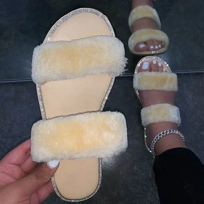 

Fall 2021 new European and American rhinestone flat-bottomed fluffy slippers, Picture