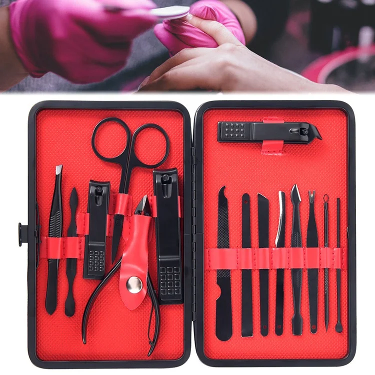 

15 in 1 PU leather bag 15pcs Stainless steel Nail Scissors Tweezer Clippers Nail Art Cutter black Pedicure Manicure Tool Set/Kit, Black/stainless steel