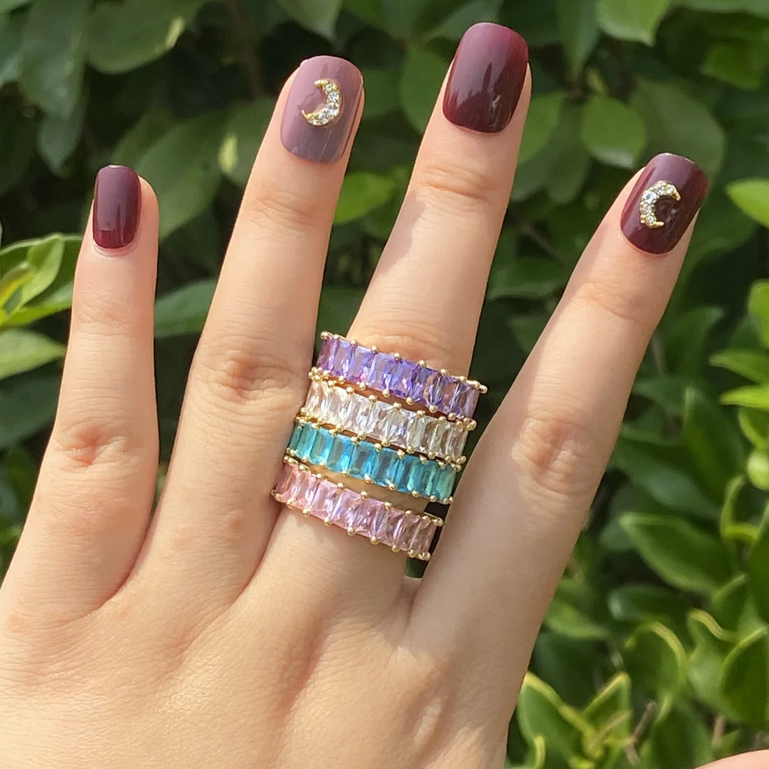 

New Trendy 18K Real Gold Plated Square Gemstone Rings Colorful Full Diamond Rings For Women Girl