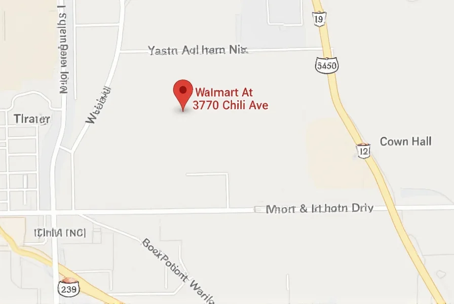 Map showing Walmart location at 3720 Chili Ave with nearby landmarks including Chili Town Hall and major roads