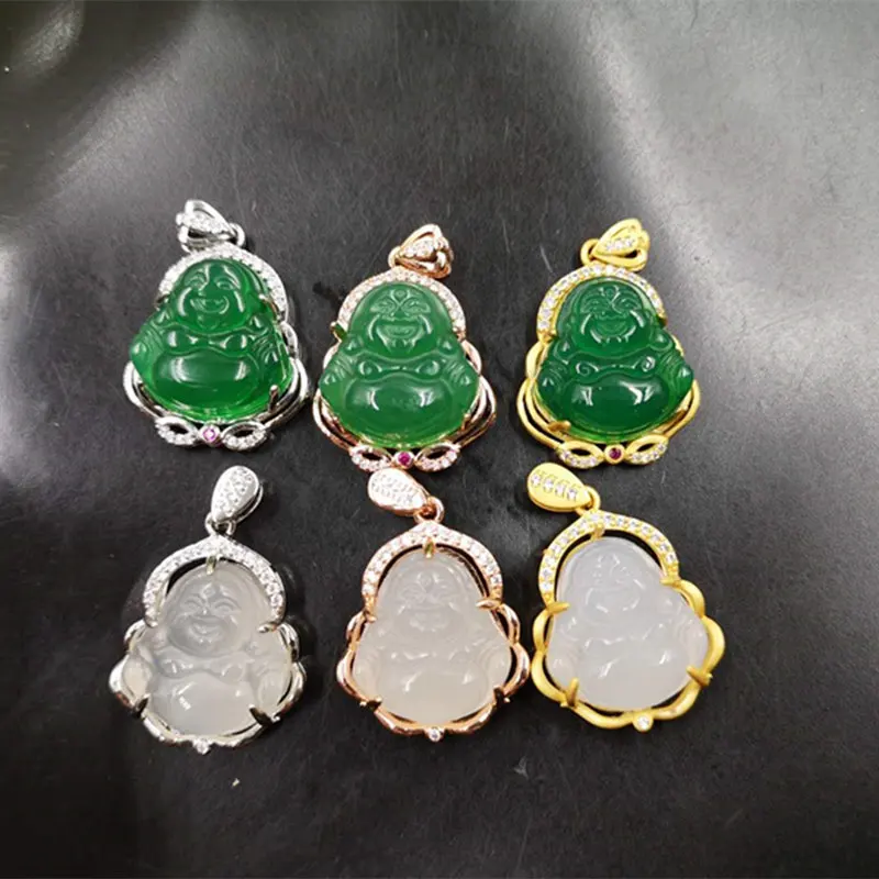 

Wholesale Silver Plating Women Size White Green JADE Pendant Buddha Necklace Gold Tone Diamond Buddha Pendant Necklace, Silver gold