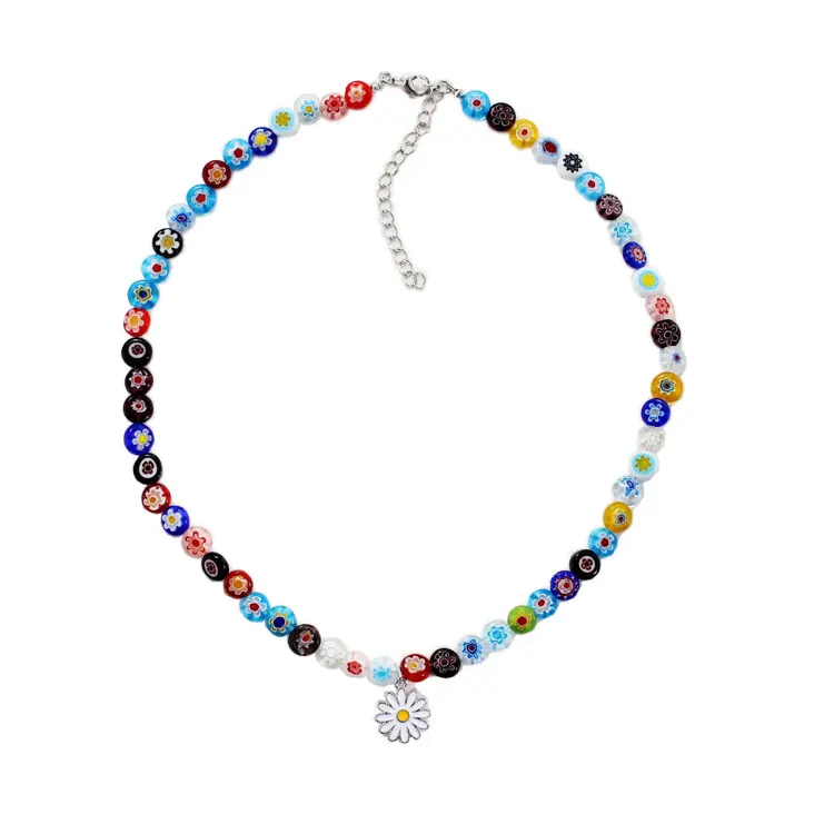 

SC 2021 Summer Daisy Flower Acrylic Necklace Jewelry Bohemian Colorful Handmade Drip Oil Glass Bead Choker Necklace Women