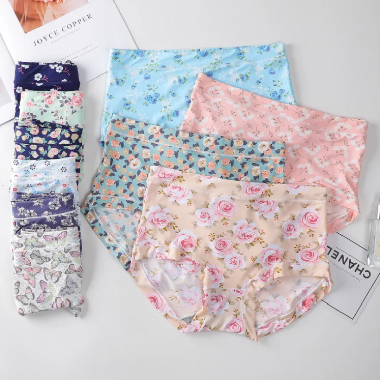 

New arrival traceless printing ice silk underwear lady high waist breathable crotch culottes sexy penty