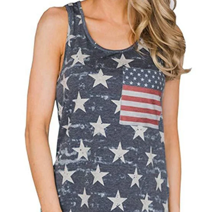 

American Flag Stars Printed Woman Loose Sleeveless Tank Top With Pocket, Picture