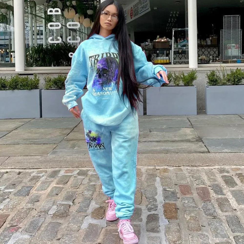 Custom Winter Tracksuits Hip Hop Tie Dye Letter Print Women Two Piece Set Graphic Hoodies Pants Suits Plus Size Fashion Clothes