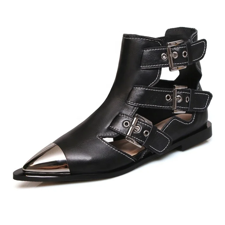 

Sexy Women Pointed toe Ankle Boots Cut out Flat Buckle Dress Short Boots Genuine Leather Summer Boots for Women, Black white