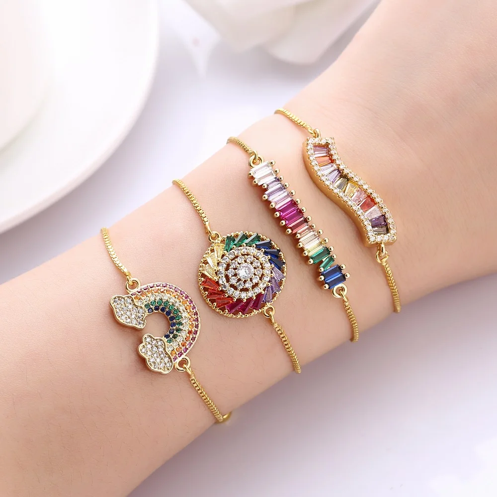

New Women Rainbow Cz Bracelet Crystal Copper Charm Heart Eye Fashion Bracelets 18k Gold Plating High Quality Pulsera Arcoiris