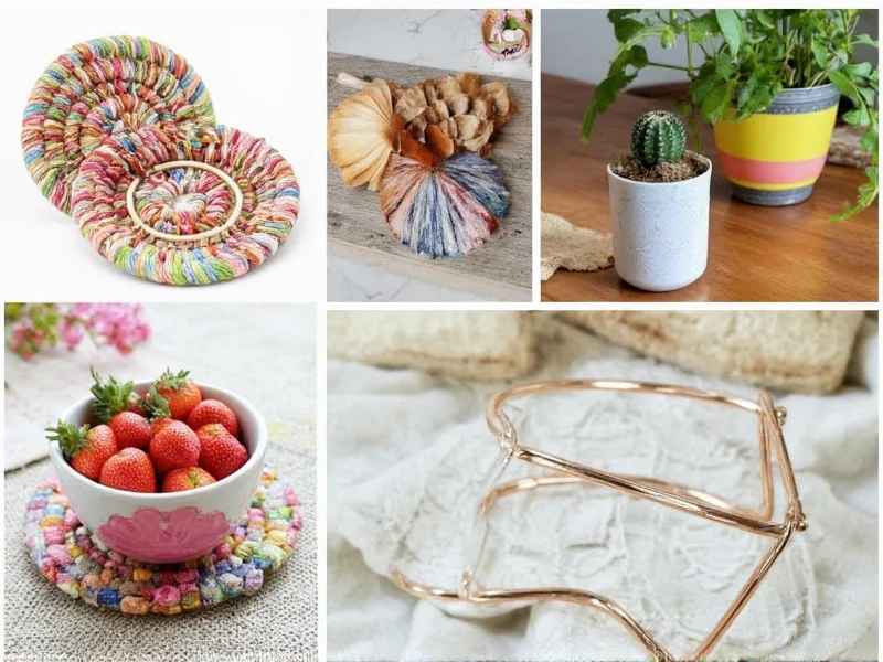 Five beginner hobby craft projects including woven coaster and painted pot