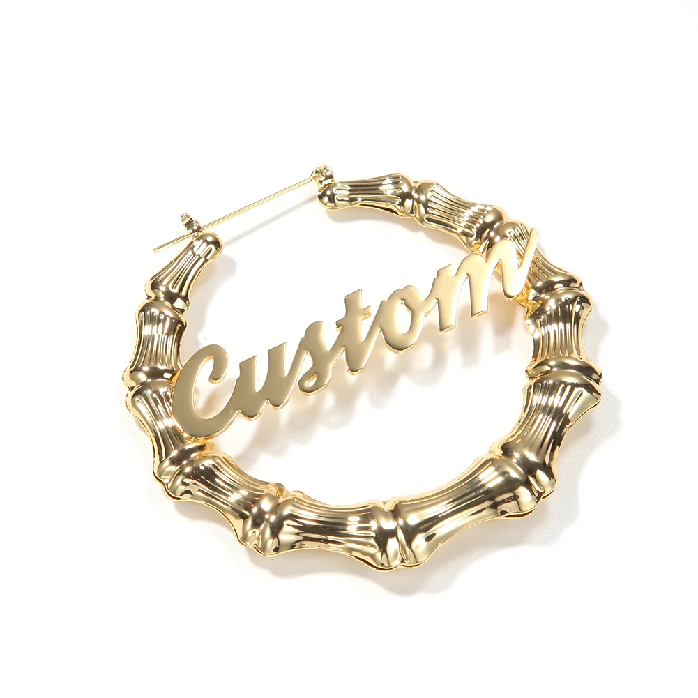 

ZJEE1614 2021 Hiphop Geometric Bamboo Name Earrings Personalised Hoops Women Rapper Jewelry, As pictures