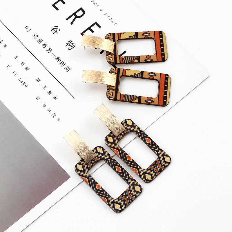 

Weihao new design woman earrings handmade wooden earring square national style fashion exaggerated geometry earrings, As picture show