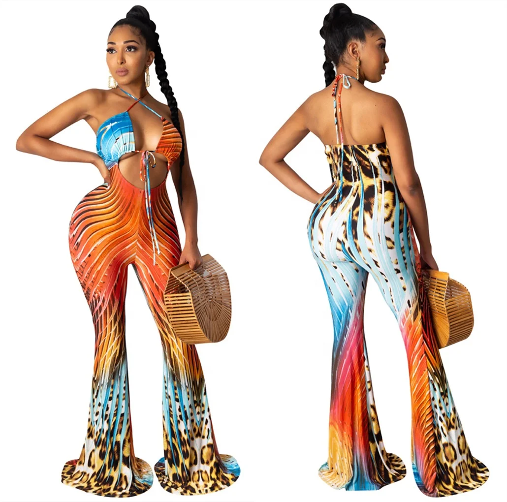 

LW-L2634 Halter neck summer pop print sexy string design flare jumpsuit women 2021, As picture or customized make