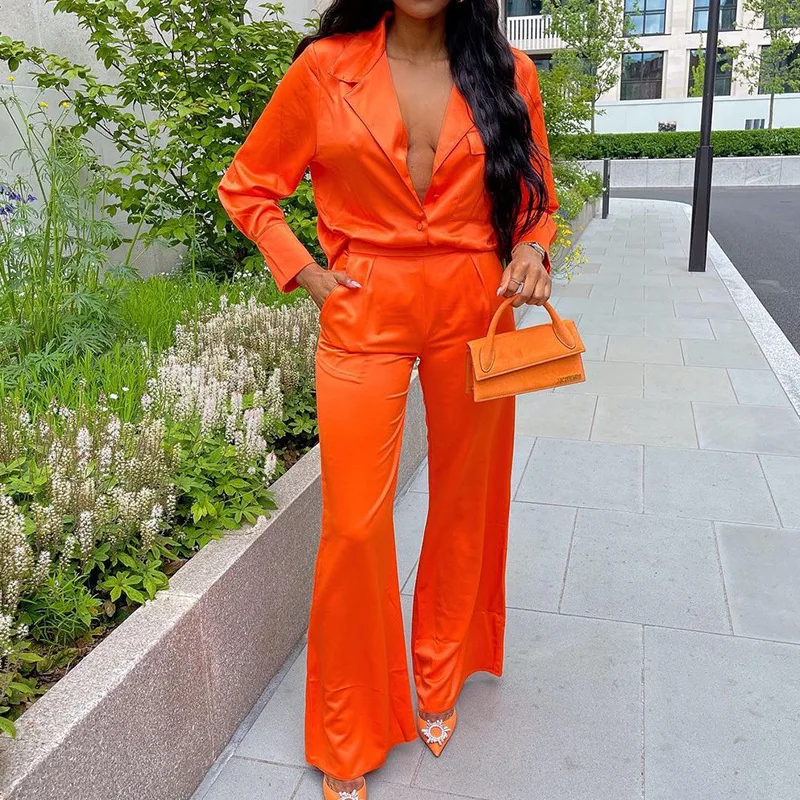 

Fashion Wholesale Fashion Satin Casual Silk Outfits Matching Set Women 2 Two Piece Outfits Set Two Piece Pants Set