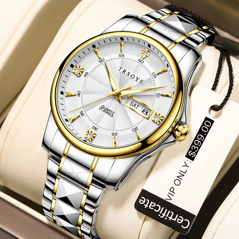 

Top Selling Custom Gold Men Wrist Watch Stainless Steel Luxury Waterproof Quartz Watch for men 2022 relogio TRS619, Black, gold, silver, white