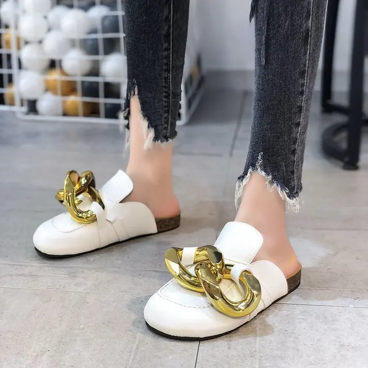 

2021 brand designer fashion ladies female summer outdoor office casual slides shoes women metal gold flat slippers, White, black