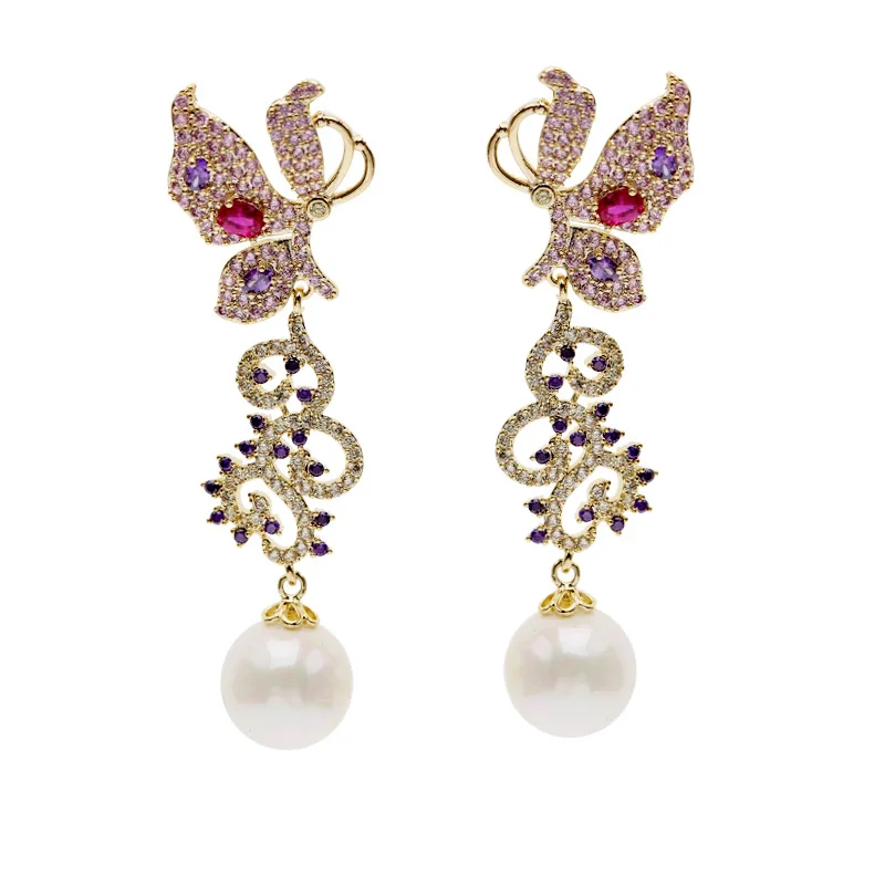 

Fashion extravagant zircon CZ butterfly flower shape pearl pendant earrings for women, As picture