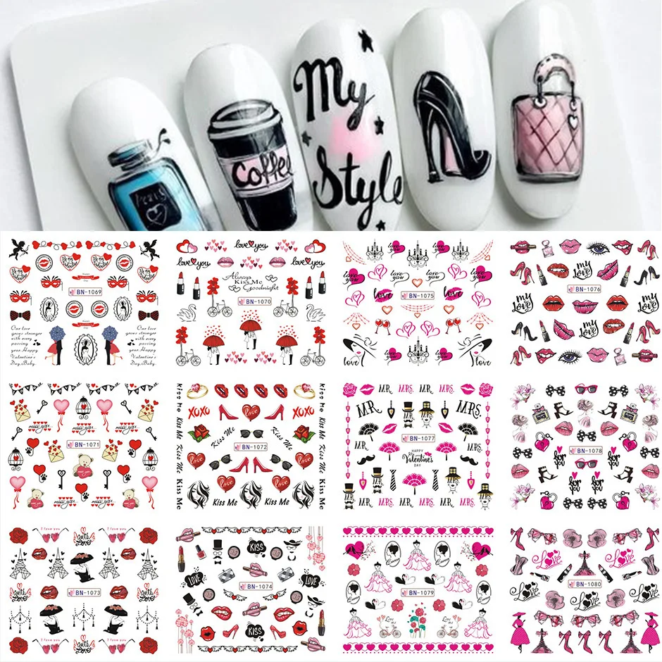 

12pcs / Sheet Jewelry Flowers Sliders Nails valentine's Theme Water Transfer Decal Manicure Water Decal Stickers For Nails