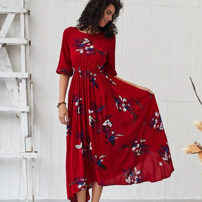 

2020 new arrivals summer collection round neck bohemian style floral printed women long casual dresses