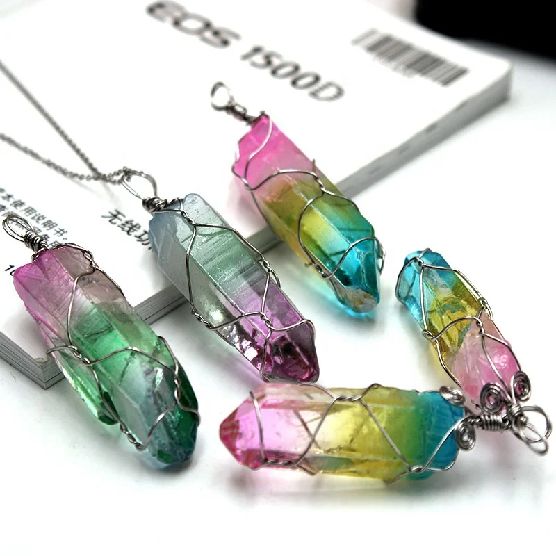 

Wire Wrapped Aura Crystal Point Pendant Fashion Handmade Crystal Point Pendant Necklace Gemstone Pendant Jewelry, In picture