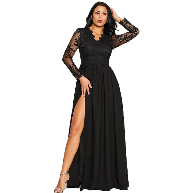 

Long Sleeve Elegant Casual Split Dress With Lace Decoration