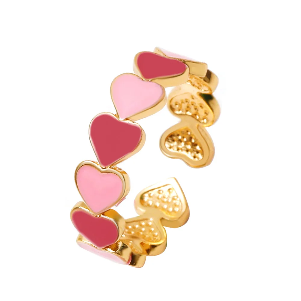 

Ins Best Selling Gold Plated Red Pink Enamel Heart Open Rings Adjustable Mixed Colors Oil Dripping Heart Rings