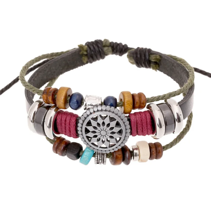 

2021 Retro Personality Leather Bracelet Hiphop Handmade Woven Wood Beaded Bracelet