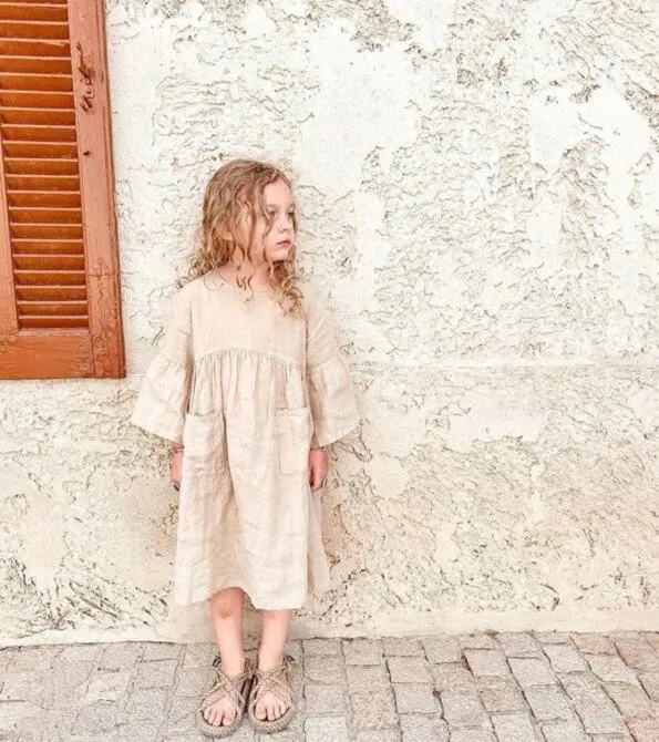 

European and American summer girls cotton and linen bell-sleeved British fan princess pocket breathable dress, As picture