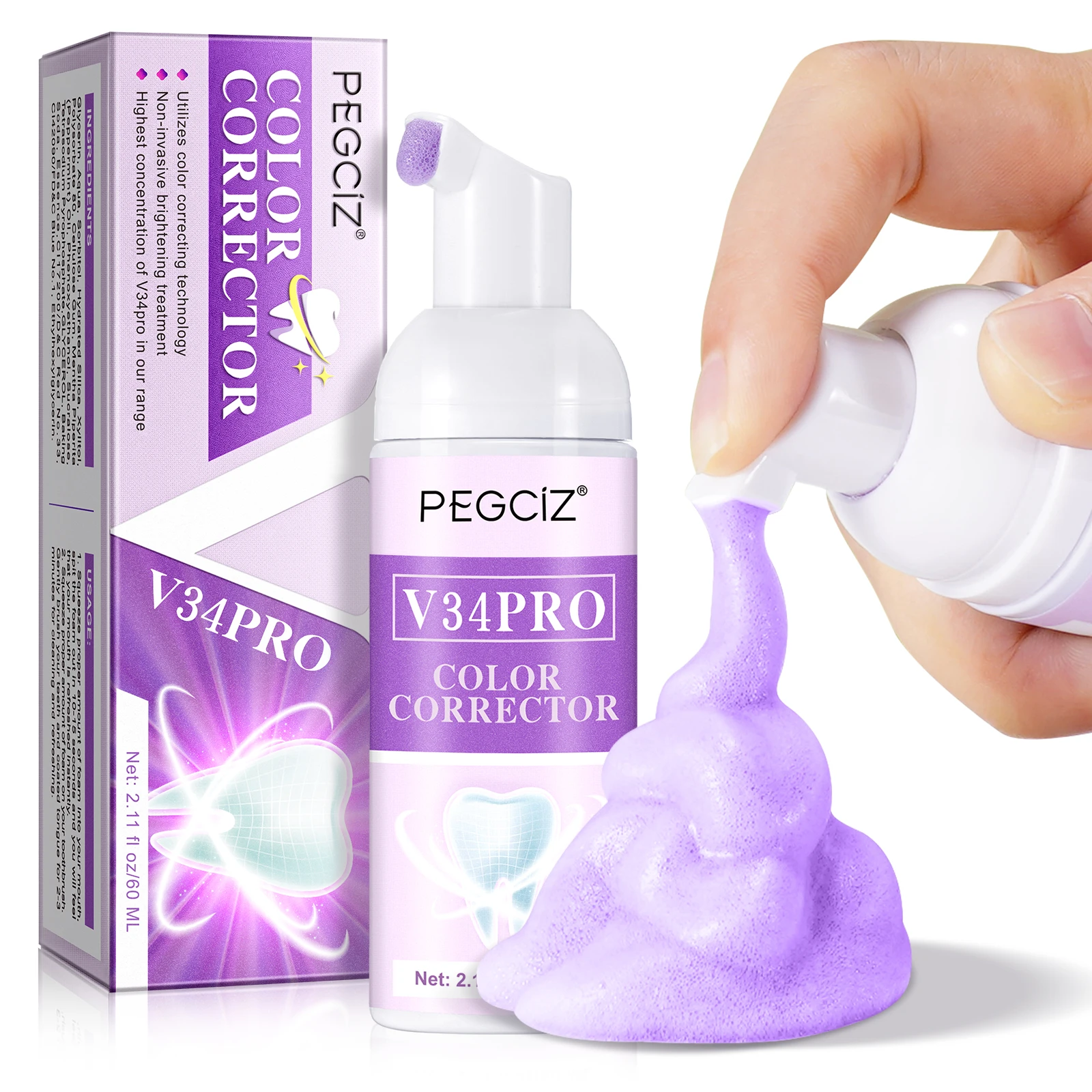 

Professional Oral Care V34 Colour Corrector Teeth Whitening Tooth Stain Removal Serum Private Label V34 Purple Foam Toothpaste