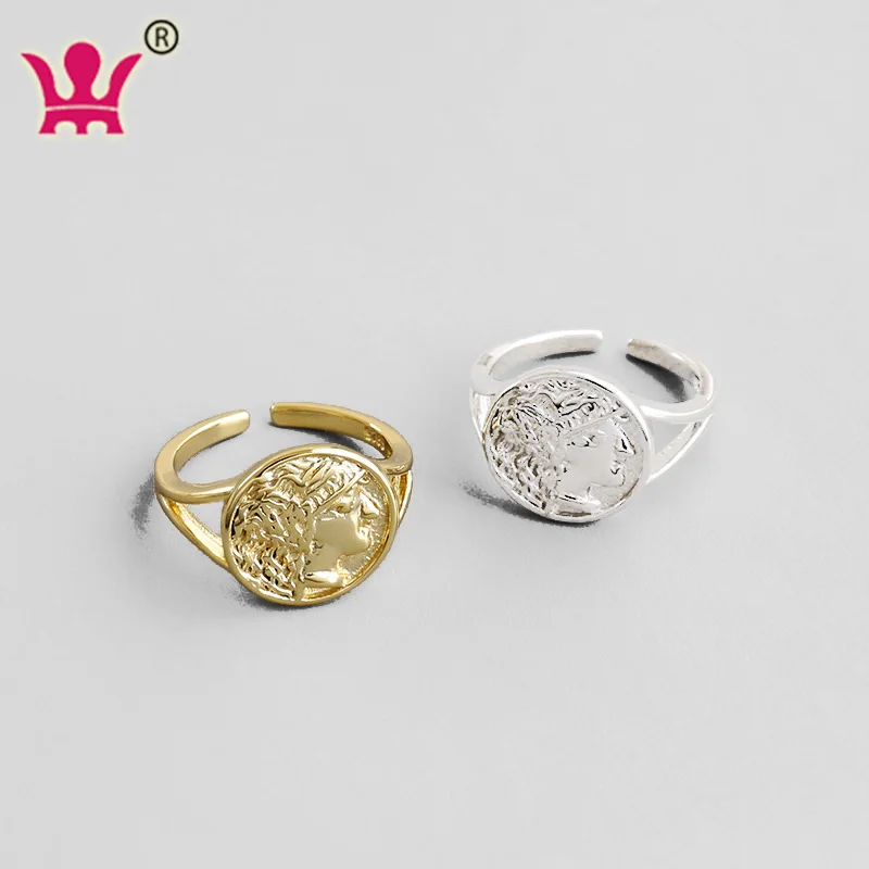 

pinky Rings Coin Portrait S925 Sterling Silver Gold Plated Open Ring Retro Literary Round Knuckle Rings Female