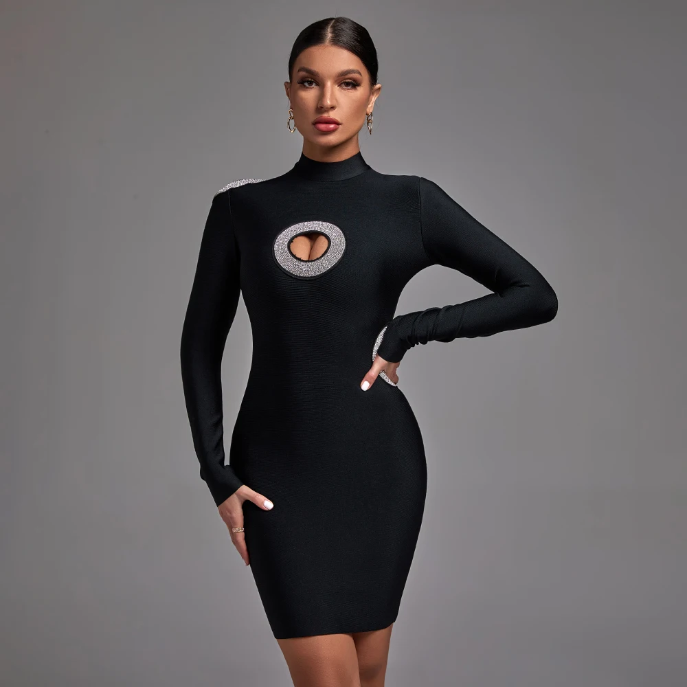 

Spring Fashion New Elegant Long Sleeve Black Mini Dress Rhinestone Dress Party Hollow Out Women Casual Dresses