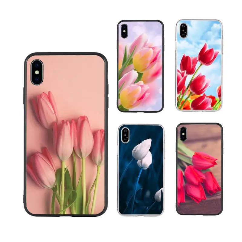 

Tulip flower hot selling cute art Phone Case for iPhone X XR Xs Max 11 11Pro 11ProMax 12 12pro luxury fundas aesthetic floral, Black/transparent