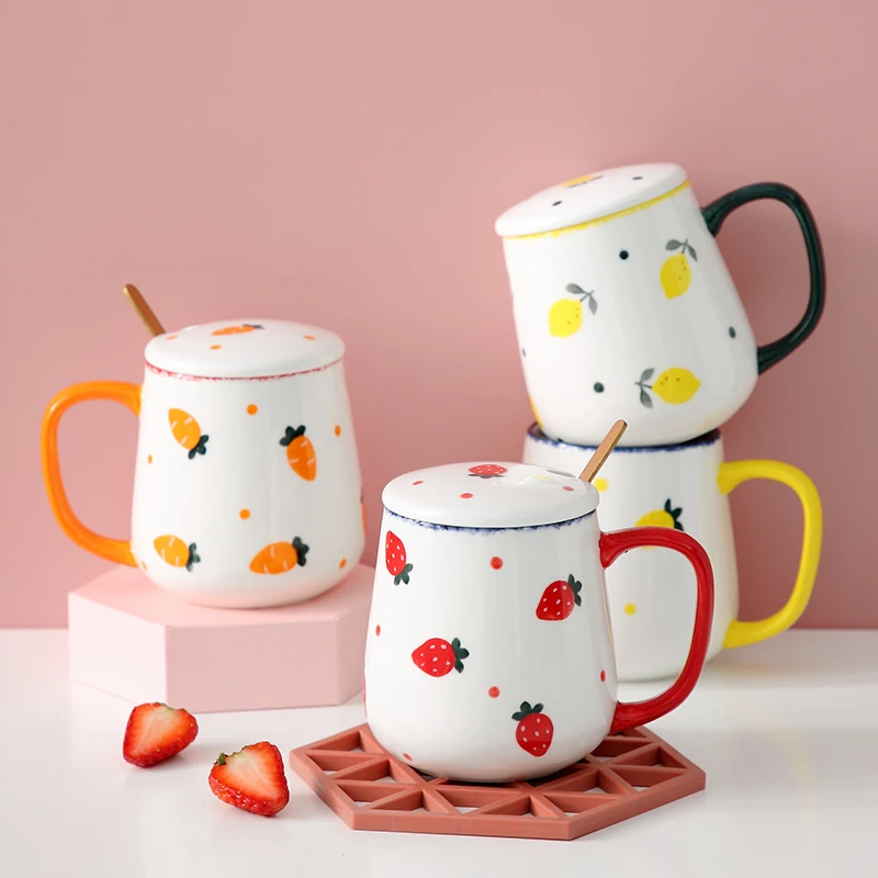 

Sublimacion Hand Painted Cartoon Stoneware Procelain Ceramic Cute Cup Modern Water Mug With Lid, Red/orange/yellow