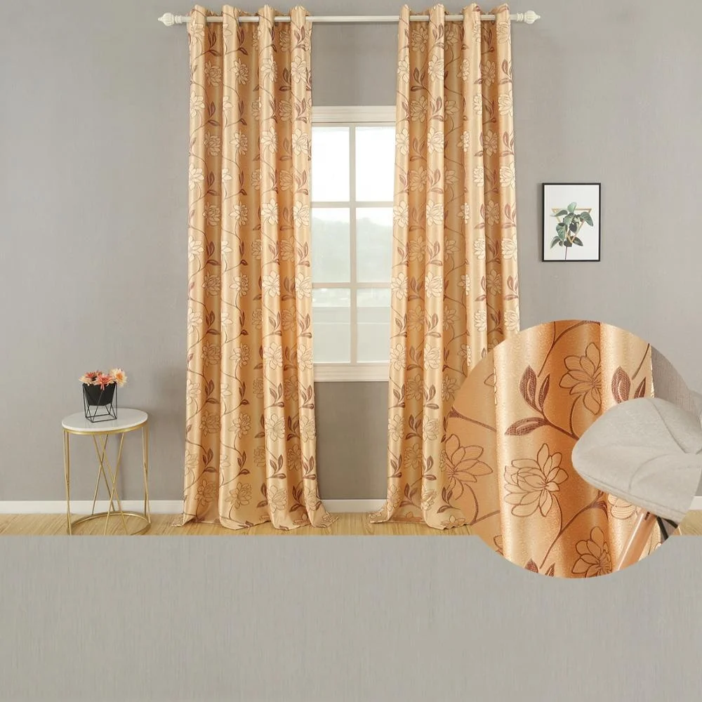 

New style grommet top high quality gold floral jacquard curtain for living room