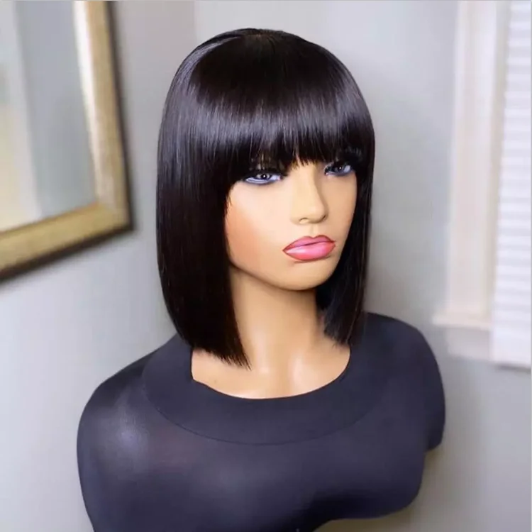 

Short Bob with Bang Natural Black Color 100% Human Hair Lace front Wigs