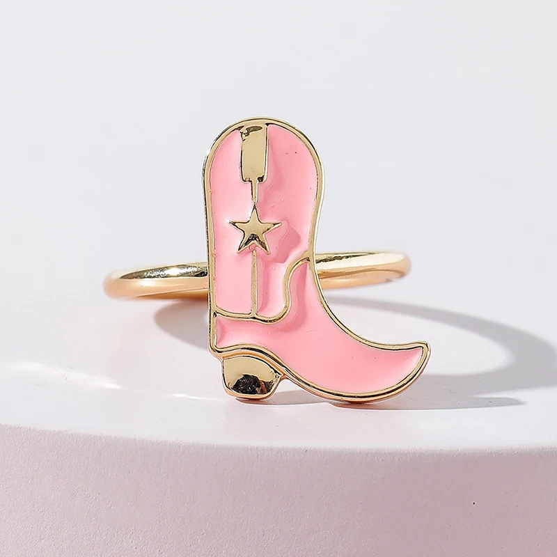 

2022 New trendy gold plated custom enamel ring jewelry modern pink boot cowboy ring for women, Gold plating