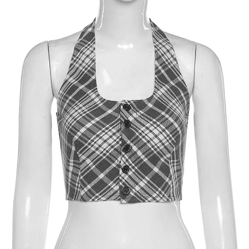 

Women Sexy Cutout Back Button Fly Halter Neck Plaid Crop Tops Wholesale