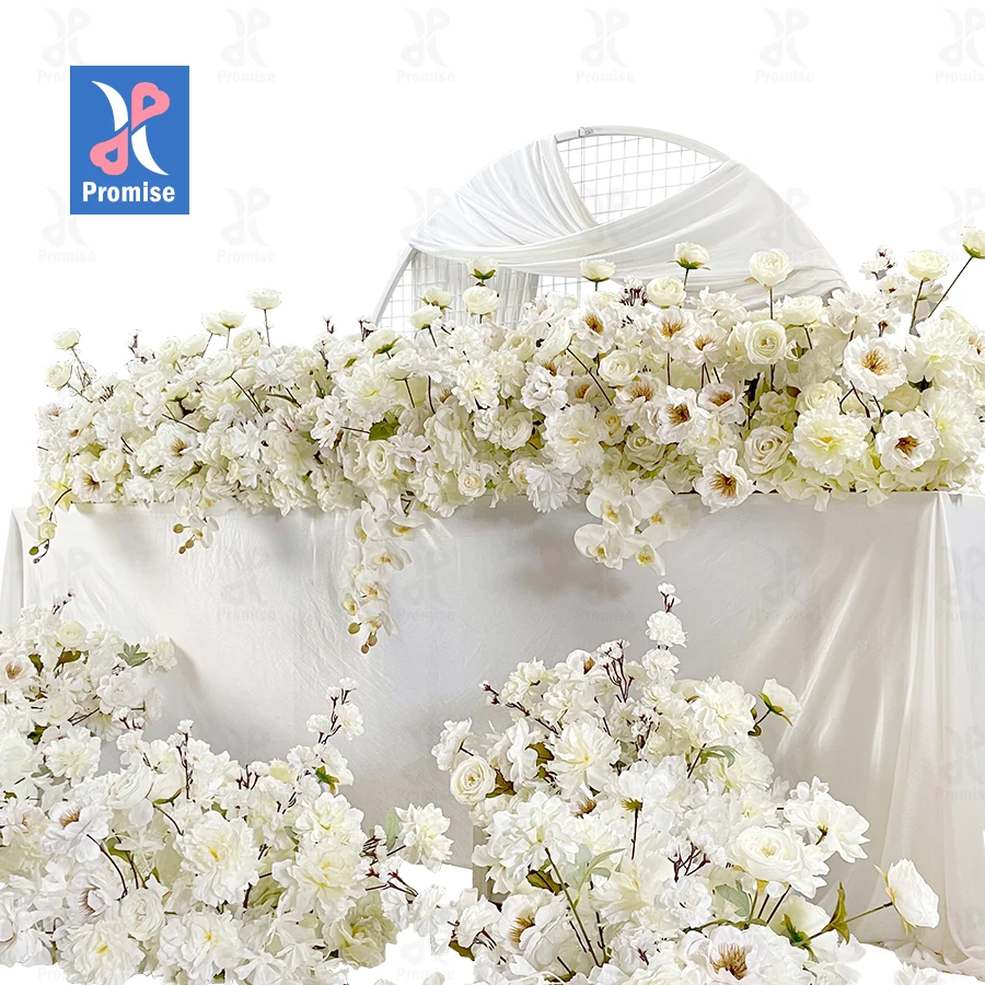 

Promise Wedding party decor custom 3D flower runner centerpiece white rose artificial flower table runner