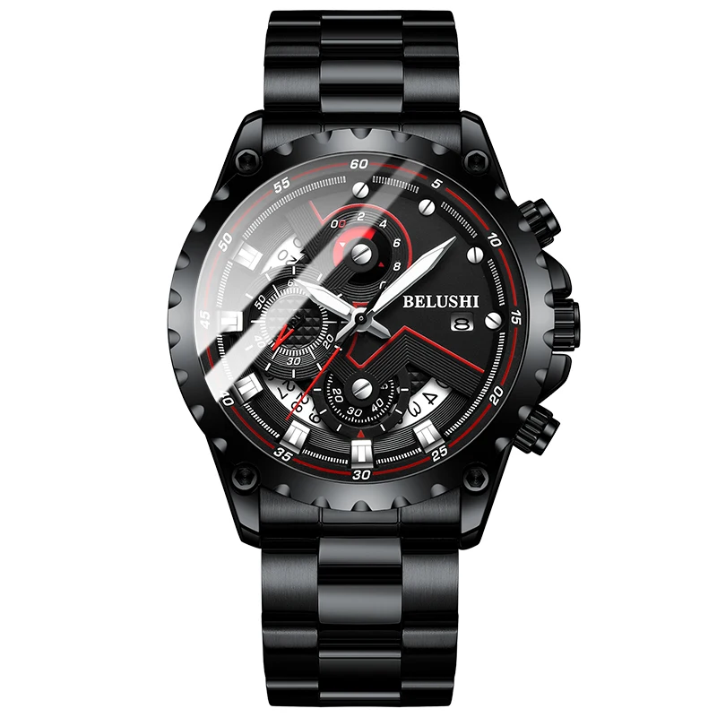 

BELUSHI B-565 new style black men quartz watch potty Stainless steel band Waterproof date display Simple business hand watch