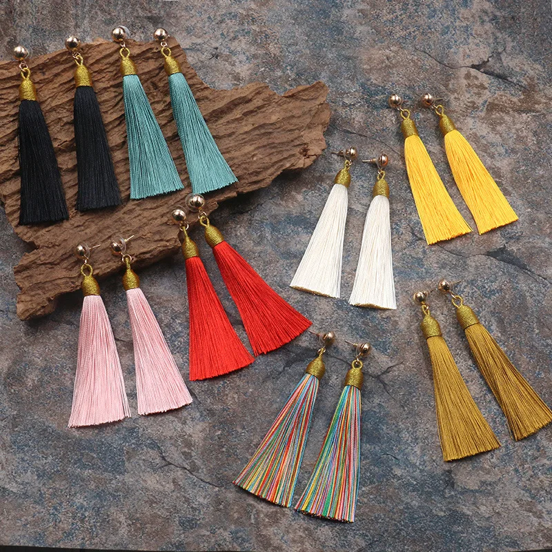 

Hot Sale Fashion Boho Handmade Long Tassel Drop Fringe Earrings Studs Earrings, Colourful