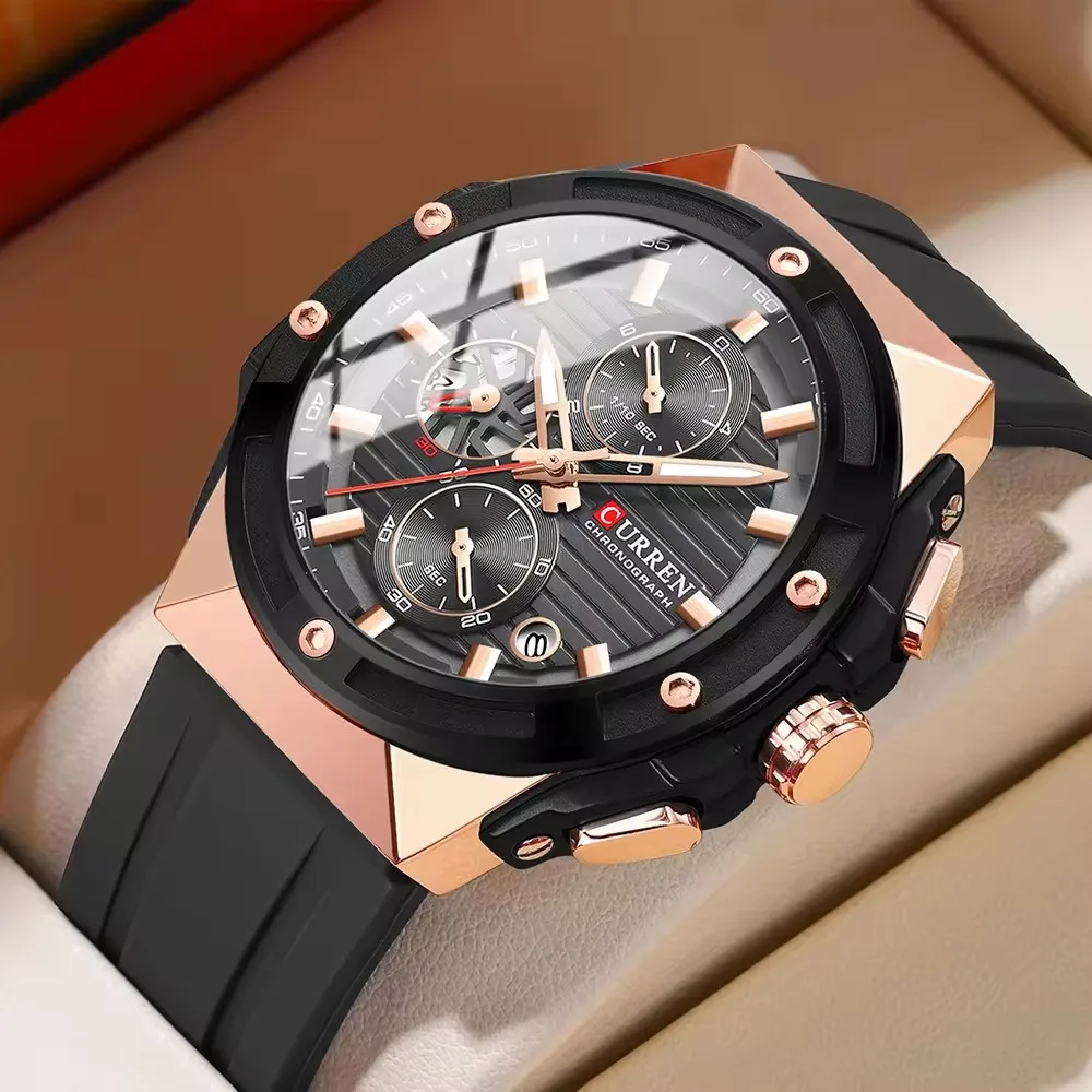 CURREN 8462 Watch for Men Sport Waterproof Calendar Quartz Watches Mens Multifunction Six Needle Silicone Strap Chronograph