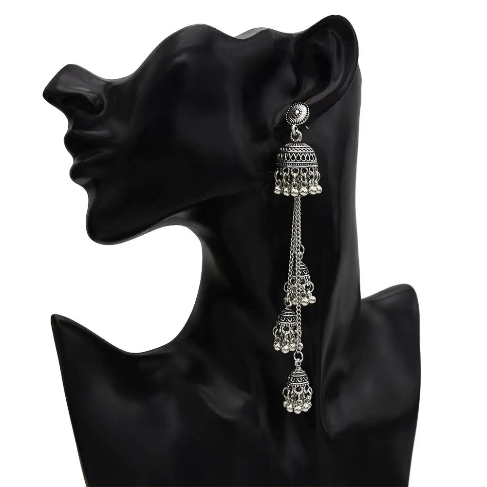 

2020 Women's Boho Geometric Long Chain Vintage personality Tassel Earrings Elegant Metal Bell Earrings, Silver,gold