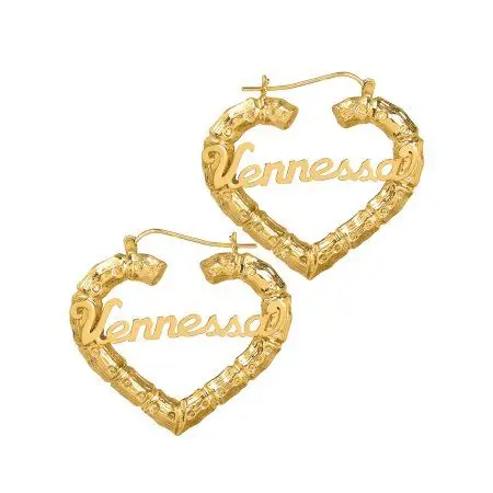 hoop earrings personalized bamboo earring custom gold bamboo name earring heart bamboo earrings