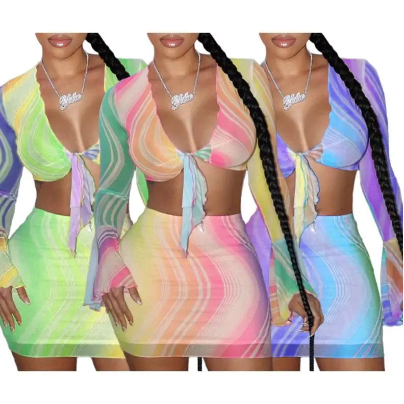 

2021 Women Mesh Rainbow Printing Bandage Crop Top Skirt Set Summer Clothing Sexy Two Piece Skirt Sets mini dress