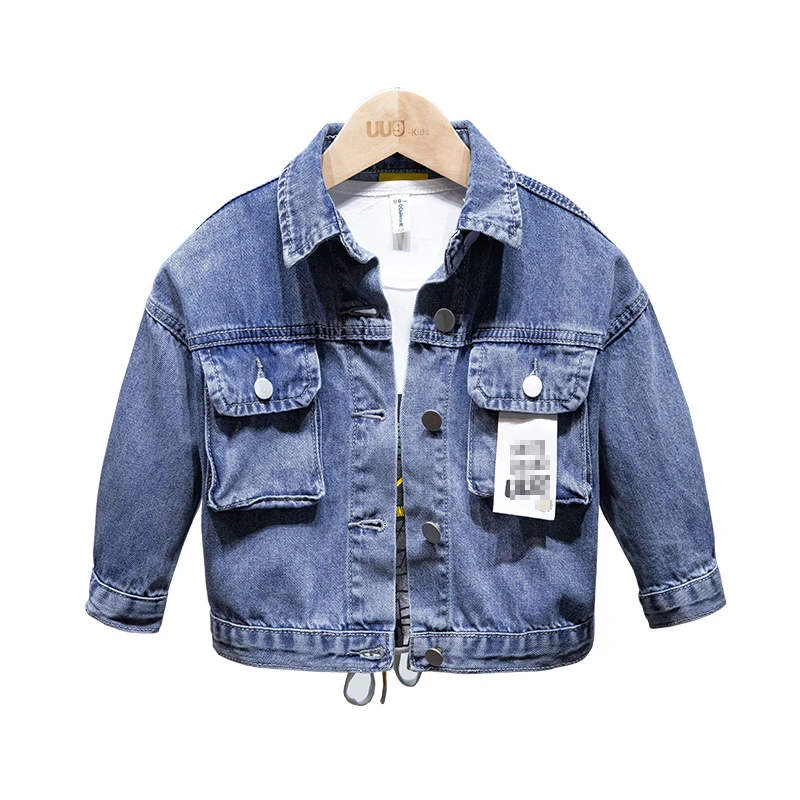 

High quality black trendy fashion print big pocket kids denim jacket