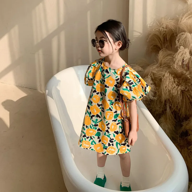 

New summer 2021 idyllic style girl baby temperament flower bubble sleeve skirt girl dress, Yellow