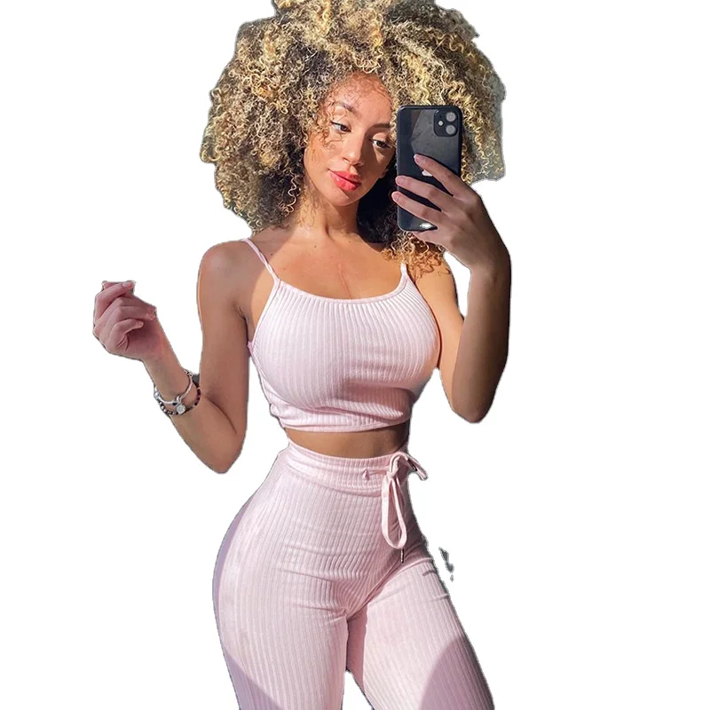 

MOQ 1PC Lady Ribbed Casual Outfits Girl Solid camisole And Wide Leg Pants matching set women clothing, Pink