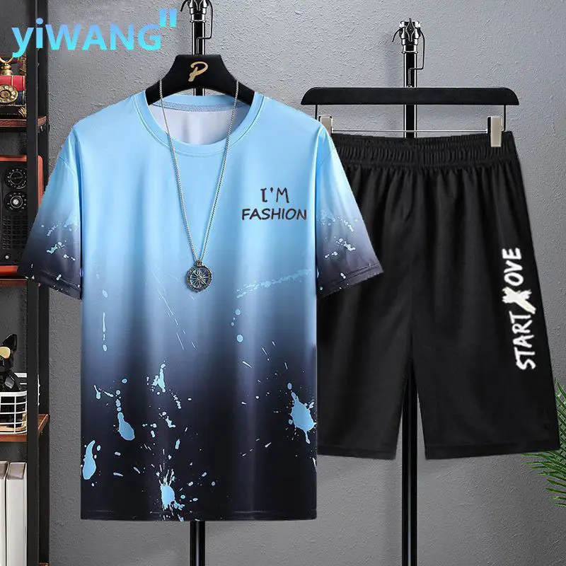 

2021 New Men Summer Two Piece Short Set Casual Graphic T-Shirt Printed Fashion Short Sleeve Suit Loose Top