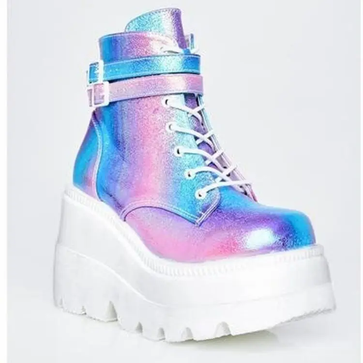 

Holographic chunky sole oversized women shoes platform lace up buckle strap decoration high heel lady zip up short boots
