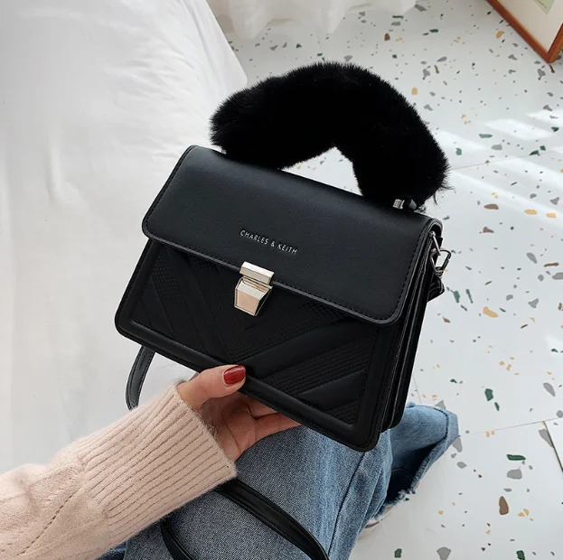 

TLB-8C314 fashion pu black square crossbody shoulder bag for lady girls sling bag with fur handle winter autumn, As picuture