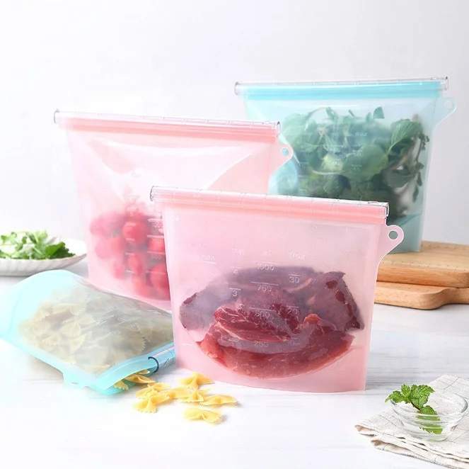 

New ideas 2020 food grade fresh keeping bag self-sealing bag silicone bag food storage reusable, Tansparent blue pink green