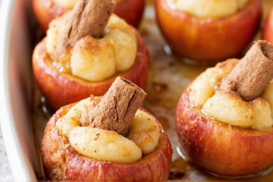 Four halved apples filled with cinnamon sugar mixture on baking sheet, golden brown edges, steam rising